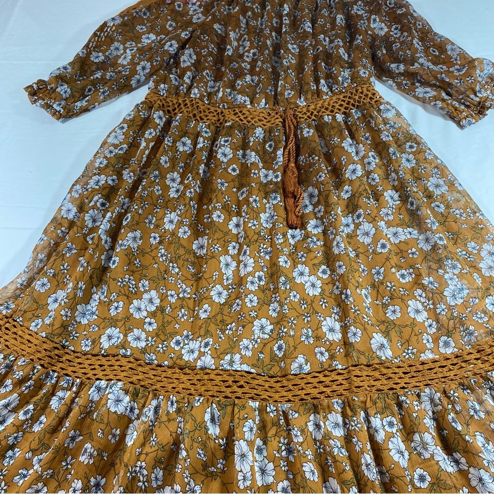 Ryan Michelle Dress Boho Floral Prairie Midi Dress Tassels Western - Picture 9 of 16